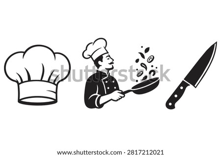 Chef hat man cooking with pan and kitchen knife icon set