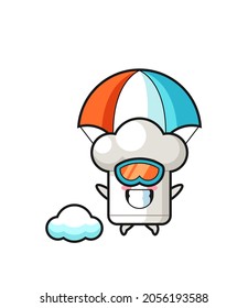 chef hat mascot cartoon is skydiving with happy gesture , cute style design for t shirt, sticker, logo element