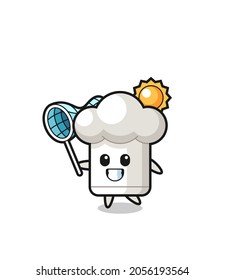 chef hat mascot illustration is catching butterfly , cute style design for t shirt, sticker, logo element