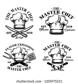 Chef Hat, The Master Chef, Flavor Explosion Logo, Emblem, Badge Illustration In White Background Stock Vector Set