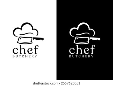 chef hat with meat knife logo design. restaurant, cook, hotel, food symbol icon vector