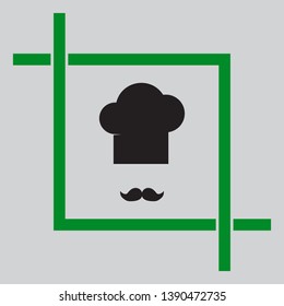 Chef hat and moustache sign. Black icon inside green crop tool at light gray background