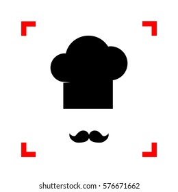 Chef hat and moustache sign. Black icon in focus corners on whit