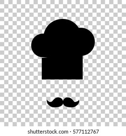 Chef hat and moustache sign. Black icon on transparent backgroun