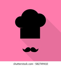 Chef hat and moustache sign. Black icon with flat style shadow path on pink background.