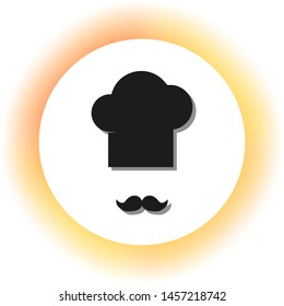 Chef hat and moustache sign. Dark icon with shadow on the glowing circle button. Illustration.