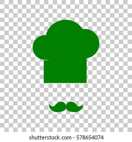 Chef hat and moustache sign. Dark green icon on transparent background.