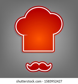 Chef hat and moustache sign. Flat red icon with linear white icon with gray shadow at grayish background. Illustration.