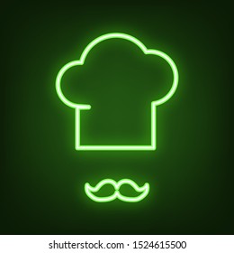 Chef hat and moustache sign. Green neon icon in the dark. Blurred lightening. Illustration.