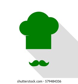 Chef hat and moustache sign. Green icon with flat style shadow path.