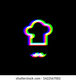 Chef hat and moustache sign. Red, green and blue unfocused contour icon at black background. Illustration.