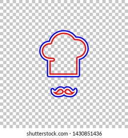 Chef hat and moustache sign. Red, white and contour icon at transparent background. Illustration.