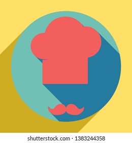 Chef hat and moustache sign. Sunset orange icon with llapis lazuli shadow inside medium aquamarine circle with different goldenrod shadow at royal yellow background.