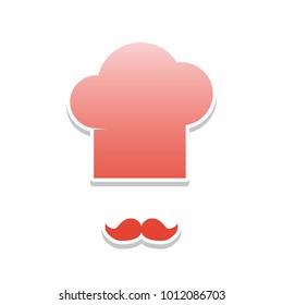 Chef hat and moustache sign. Vector. Reddish icon with white and gray shadow on white background. Isolated.