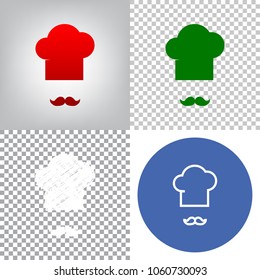 Chef hat and moustache sign. Vector. 4 styles. Red gradient in radial lighted background, green flat and gray scribble icons on transparent and linear one in blue circle.