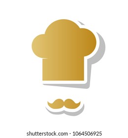 Chef hat and moustache sign. Vector. Golden gradient icon with white contour and rotated gray shadow at white background.