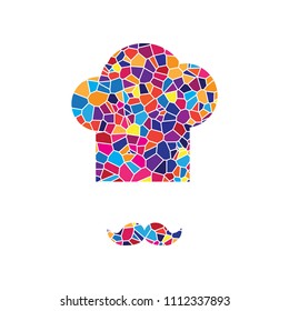 Chef hat and moustache sign. Vector. Stained glass icon on white background. Colorful polygons. Isolated.