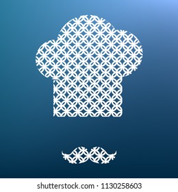 Chef hat and moustache sign. Vector. White textured icon at lapis lazuli gradient background.