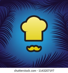 Chef hat and moustache sign. Vector. Golden icon with black contour at blue background with branches of palm trees.