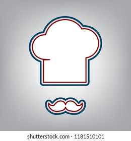 Chef hat and moustache sign. Vector. Dark red, transparent and midnight green stroke of white icon at grayish background.