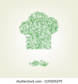 Chef hat and moustache sign. Vector. Green hexagon rastered icon and noised opacity and size at light green background with central light.