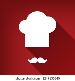 Chef hat and moustache sign. Vector. White icon with limitless shadow at ruby red background.