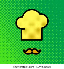 Chef hat and moustache sign. Vector. Pop art orange to yellow dots-gradient icon with black contour at greenish background.