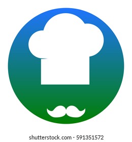 Chef hat and moustache sign. Vector. White icon in bluish circle on white background. Isolated.