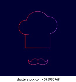 Chef hat and moustache sign. Vector. Line icon with gradient from red to violet colors on dark blue background.