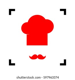Chef hat and moustache sign. Vector. Red icon inside black focus corners on white background. Isolated.