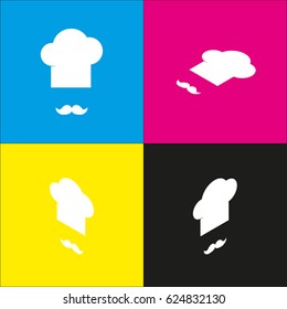 Chef hat and moustache sign. Vector. White icon with isometric projections on cyan, magenta, yellow and black backgrounds.