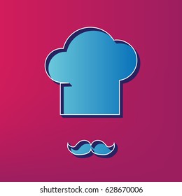 Chef hat and moustache sign. Vector. Blue 3d printed icon on magenta background.