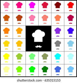 Chef hat and moustache sign. Vector. Felt-pen 33 colorful icons at white and black backgrounds. Colorfull.