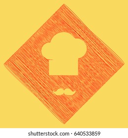 Chef hat and moustache sign. Vector. Red scribble icon obtained as a result of subtraction rhomb and path. Royal yellow background.