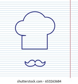 Chef hat and moustache sign. Vector. Navy line icon on notebook paper as background with red line for field.