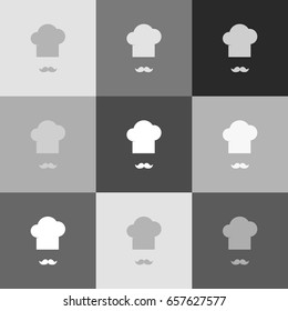 Chef hat and moustache sign. Vector. Grayscale version of Popart-style icon.