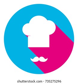 Chef hat and moustache sign. Vector. Flat white icon with mexican pink shadow inside sky blue(S and G) circle at white background. Isolated. Trend colors in 2017.