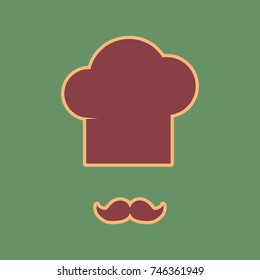 Chef hat and moustache sign. Vector. Cordovan icon and mellow apricot halo with light khaki filled space at russian green background.