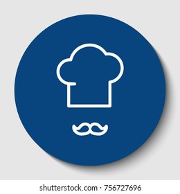 Chef hat and moustache sign. Vector. White contour icon in dark cerulean circle at white background. Isolated.