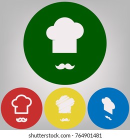 Chef hat and moustache sign. Vector. 4 white styles of icon at 4 colored circles on light gray background.