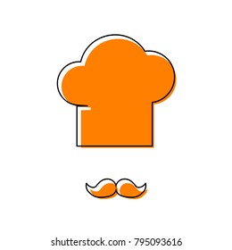Chef hat and moustache sign. Vector. Black line icon with shifted flat orange filled icon on white background. Isolated.