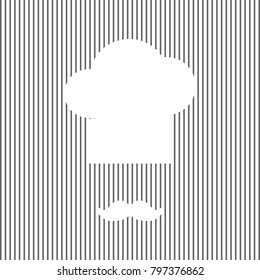 Chef hat and moustache sign. Vector. White icon on grayish striped background. Optical illusion.