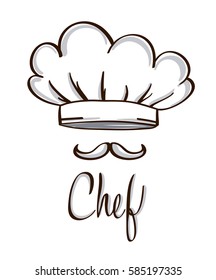 Chef hat and moustaches symbol on white. Hand drawn line art vector illustration
