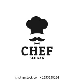 chef hat with mustache and bow tie food restaurant vector logo design template