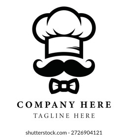 Chef chapéu e bigode com modelo de logotipo gravata borboleta para restaurante ou comida identidade de marca de negócios
