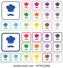 Chef hat and mustache color flat icons in rounded square frames. Thin and thick versions included.
