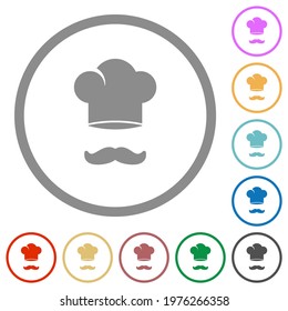 Chef hat and mustache flat color icons in round outlines on white background