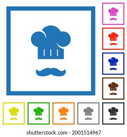 Sombrero del chef y bigote iconos de color plano en marcos cuadrados sobre fondo blanco