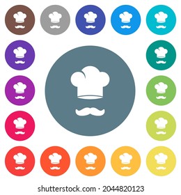 Chef hat and mustache flat white icons on round color backgrounds. 17 background color variations are included.