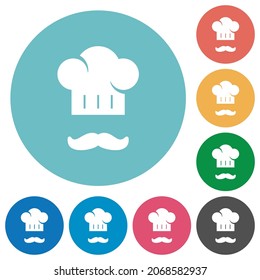 Chef hat and mustache flat white icons on round color backgrounds
